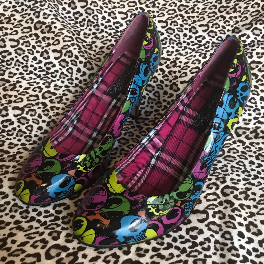 Iron fist rainbow scull and crossbones heels sz 8